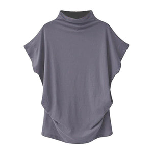 * Women Casual Turtleneck Short Sleeve Cotton Solid Casual Blouse Shirt