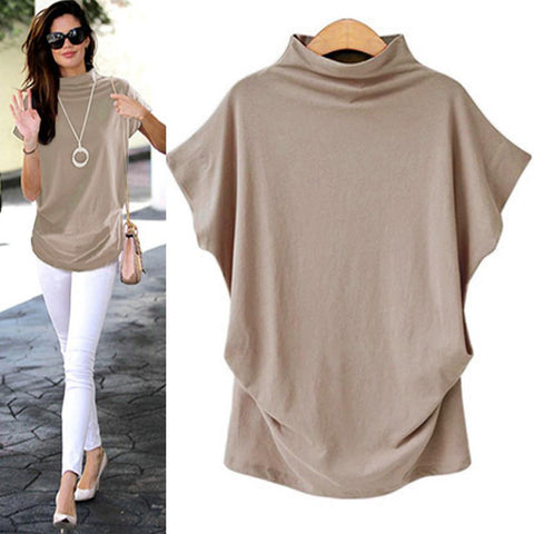 Image of * Women Casual Turtleneck Short Sleeve Cotton Solid Casual Blouse Shirt