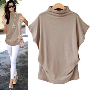 * Women Casual Turtleneck Short Sleeve Cotton Solid Casual Blouse Shirt