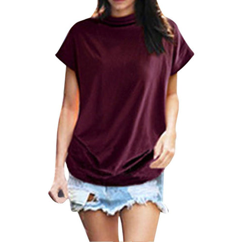 Image of * Women Casual Turtleneck Short Sleeve Cotton Solid Casual Blouse Shirt