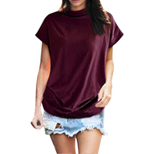 * Women Casual Turtleneck Short Sleeve Cotton Solid Casual Blouse Shirt