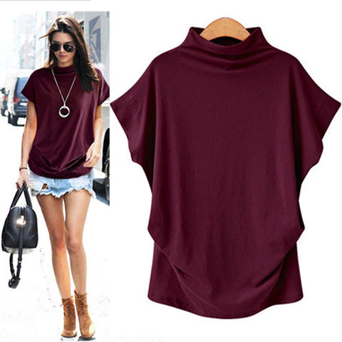 Image of * Women Casual Turtleneck Short Sleeve Cotton Solid Casual Blouse Shirt