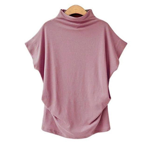 Image of * Women Casual Turtleneck Short Sleeve Cotton Solid Casual Blouse Shirt