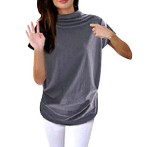 * Women Casual Turtleneck Short Sleeve Cotton Solid Casual Blouse Shirt