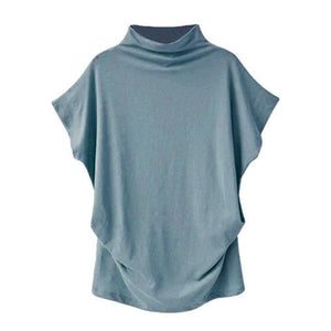 * Women Casual Turtleneck Short Sleeve Cotton Solid Casual Blouse Shirt