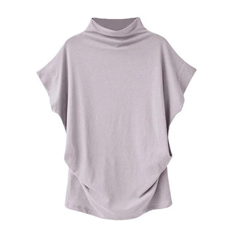 Image of * Women Casual Turtleneck Short Sleeve Cotton Solid Casual Blouse Shirt