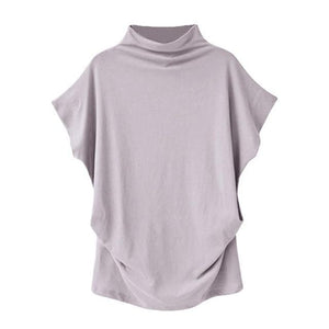 * Women Casual Turtleneck Short Sleeve Cotton Solid Casual Blouse Shirt