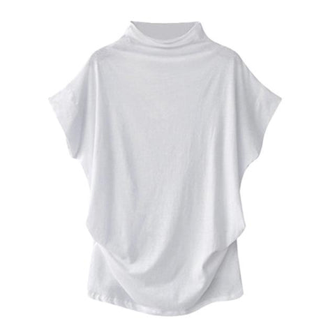 Image of * Women Casual Turtleneck Short Sleeve Cotton Solid Casual Blouse Shirt